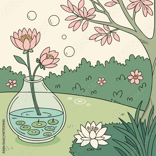 Charming illustration of pink and white water lilies in a glass vase and pond with soft green foliage and a tree