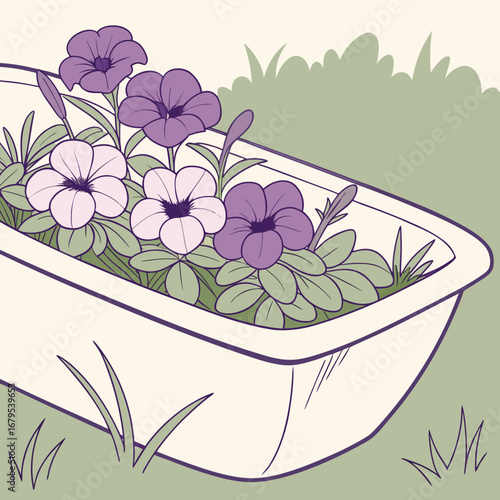 Charming illustration of purple and pink petunias blooming in a white planter box on a grassy background