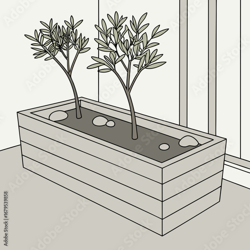 Minimalist illustration of two small trees in a rectangular planter with decorative stones and vertical blinds