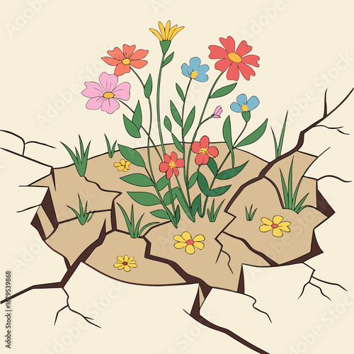 Colorful wildflowers bloom in cracked dry earth symbolizing resilience and new life in challenging conditions