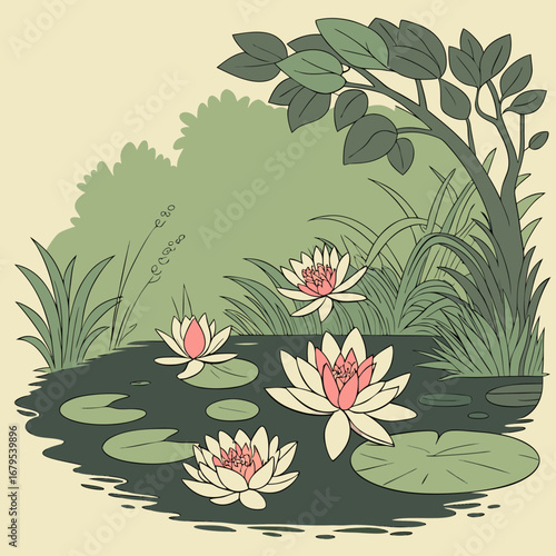 Serene pond scene with blooming water lilies and lush green foliage under a pale sky
