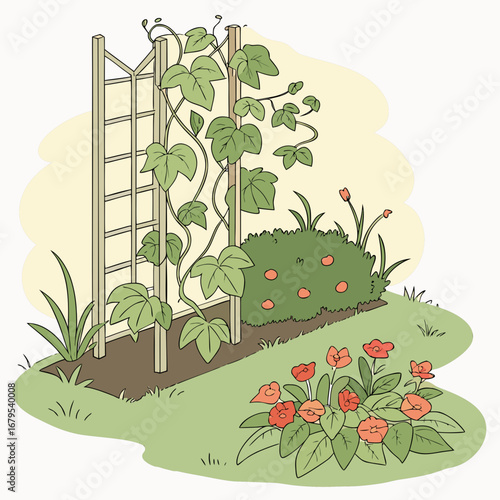 Vibrant garden scene with climbing vines on a trellis and blooming flowers in lush green grass