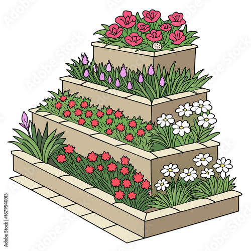 Vibrant tiered garden planter filled with colorful blooming flowers and lush green foliage on a white background