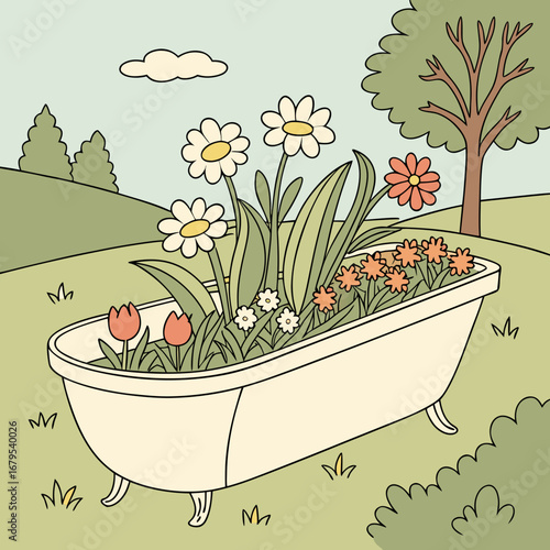 Whimsical bathtub filled with colorful spring flowers sits in a grassy meadow with a tree and clouds
