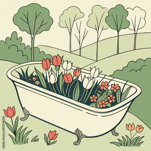 Whimsical clawfoot bathtub overflowing with vibrant tulips and small flowers in a serene garden landscape
