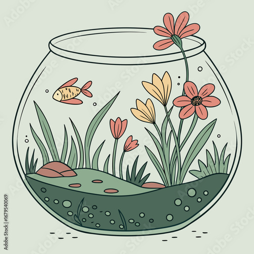 Whimsical illustration of a goldfish swimming among colorful flowers and aquatic plants in a clear glass bowl