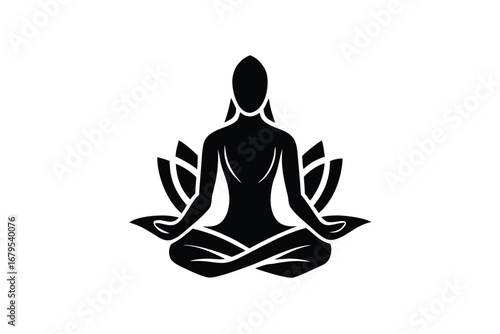 Woman in Lotus Position Meditating on a Blooming Lotus Flower in Black