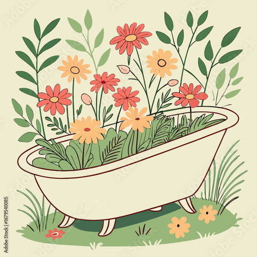 Whimsical illustration of a vintage bathtub overflowing with vibrant coral and yellow daisies and lush green foliage