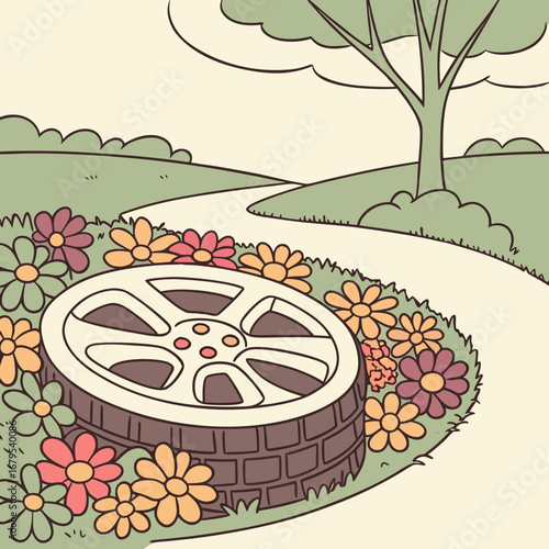 Whimsical illustration of a vintage film reel nestled amongst colorful flowers in a park setting