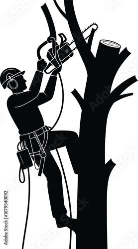 Silhouette of arborist using chainsaw on tree, wearing safety gear, helmet, harness, ropes, cutting branch, safety first concept.