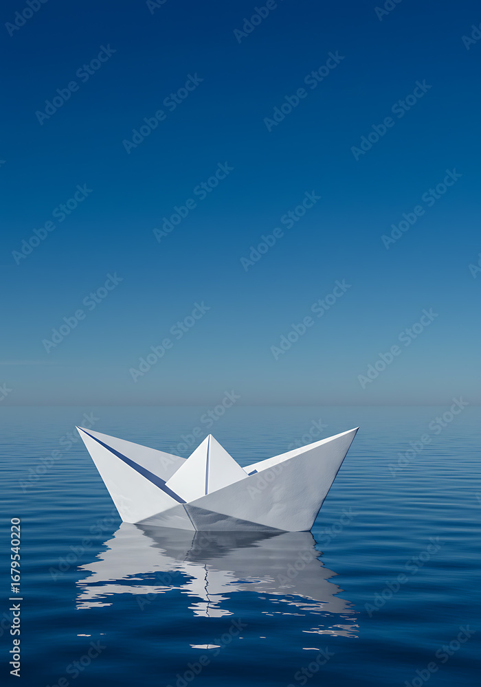 Obraz premium A paper boat floats peacefully on calm, blue water under a clear, cloudless sky, reflecting on the surface.