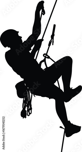 Silhouette of female rope access technician climbing with safety gear, helmet, harness, professional rigging, industrial climbing, vertical work illustration.