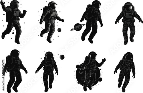 Astronaut Silhouette Vector Collection Featuring Space Suits, Floating Poses, Outer Space Elements, Galaxy Backgrounds, and Planet Exploration Scenes