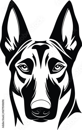 Belgian Malinois head silhouette with upright ears, intense eyes, and strong muzzle in black