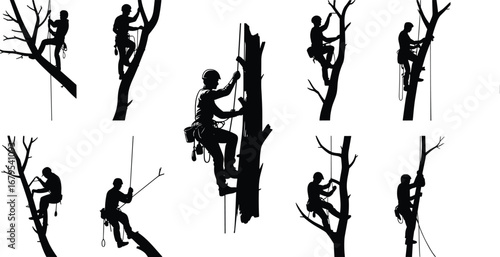 Tree climber silhouettes in various poses, arborist climbing equipment, safety gear, forest work, professional tree trimming, black and white illustration.