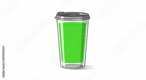 Green transparent disposable cup with black lid, standing upright on an isolated white background.