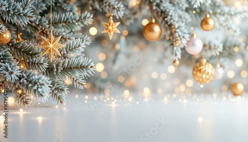 Festive holiday background with snow flocked evergreen branches and gold ornamental globes and a glittering star ornament