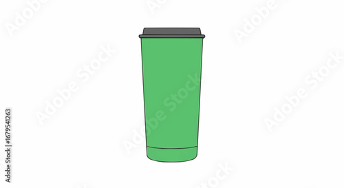 Green disposable coffee cup with black lid, standing upright on an isolated white background.