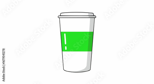 White disposable coffee cup with a green stripe design, standing upright on an isolated white background.