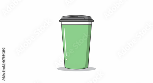 Green disposable coffee cup with a black lid, standing upright on an isolated white background.