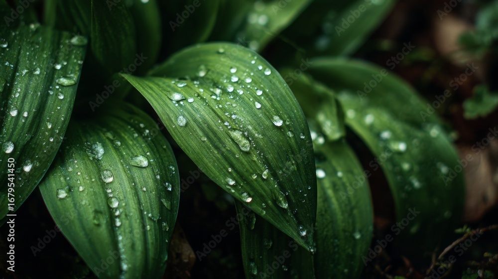 Obraz premium Close-Up of Dewdrops on Fresh Green Spring Leaves in Natural Setting