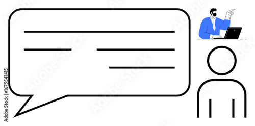 Large text bubble for dialogue, simplified person outline symbolizing engagement, professional at a laptop in upper corner for guidance. Ideal for communication, teamwork, feedback, education