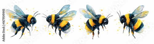 Watercolor bumblebees on an isolated background. Black and yellow honey insects with transparent wings. Watercolor wild insects. Cute bumblebees. Vector illustration.