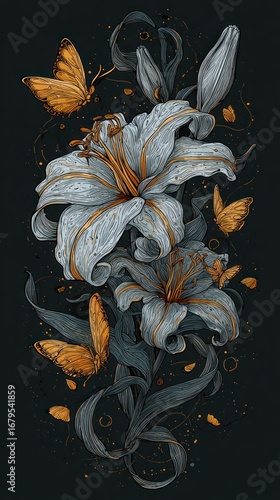 Wallpaper Mural Lilies and butterflies illustration Torontodigital.ca