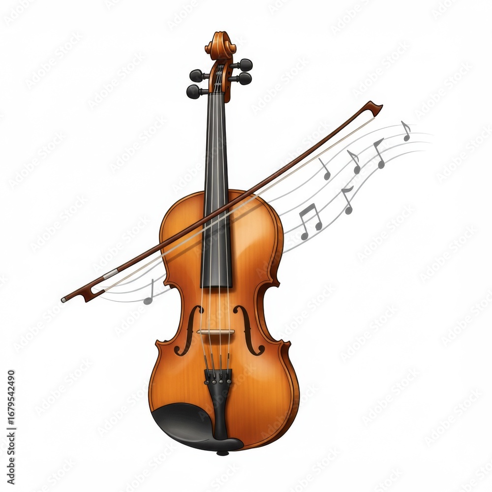 Fototapeta premium Detailed Brown Wooden Violin with Bow and Musical Notes on White Background