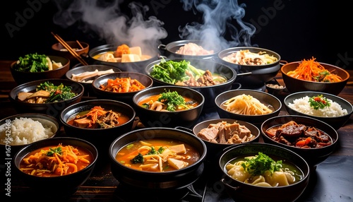 A dark wooden table displays a large variety of steaming bowls of food, including rice and various stews or soups