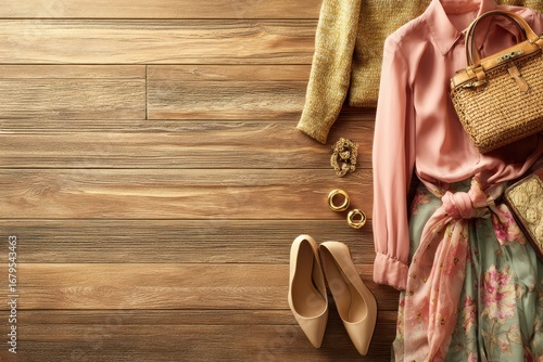 Elegant feminine fashion layout featuring coordinated clothing, shoes, and accessories displayed on a rustic wood surface for a stylish and curated wardrobe showcase.