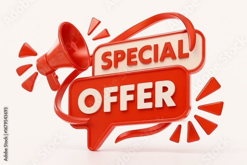 Red megaphone announcing a special offer with bursting rays