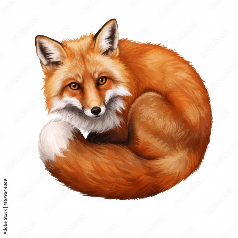 Fototapeta premium Portrait of Curled Up Orange Fox with White Tail in Isolated White Background