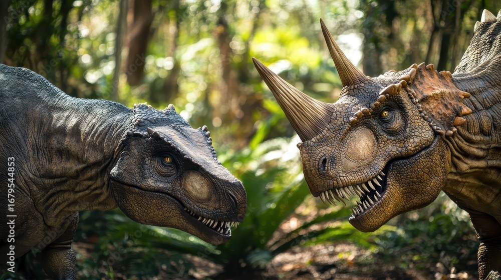 Fototapeta premium Two Dinosaurs Face Off in a Lush Green Jurassic Jungle Setting