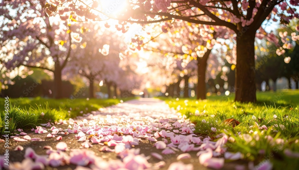 Naklejka premium Blossoming trees create a scenic path of pink petals, illuminated by sunshine