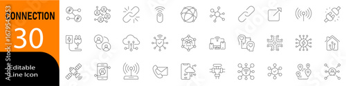 Connection icon set in line vector style with modern communication, network, digital data, technology, internet, wireless, teamwork and global connectivity design