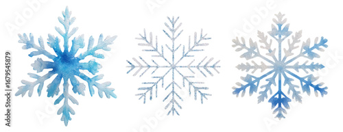 Watercolor snowflake set. White and blue snowflakes with various patterns. Winter clipart. Elements for winter and Christmas designs. winter natural elements.