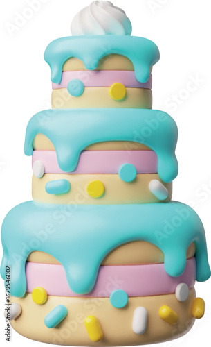 Birthday cake three tier 3D plastic style, vector celebration creamy dessert decorated with candies, treat confectionery