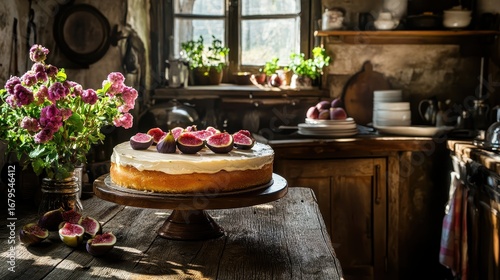 Wallpaper Mural Delightful Homemade Cake with Figs and Flowers in Cozy Kitchen Torontodigital.ca
