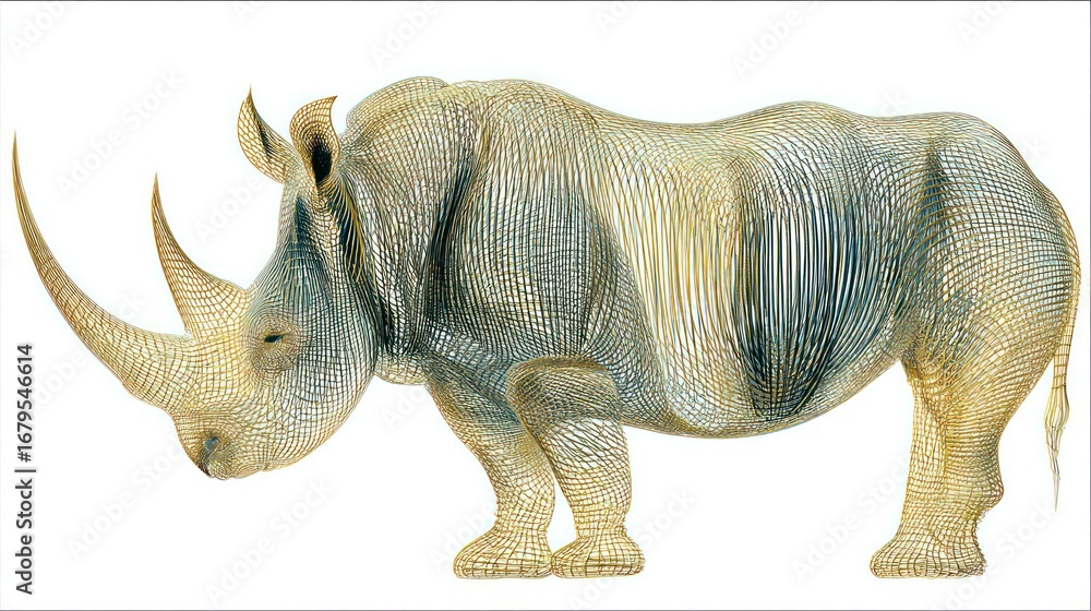 Fototapeta premium Stylized rhino illustration. Linear texture in blues, yellow, whites, tans