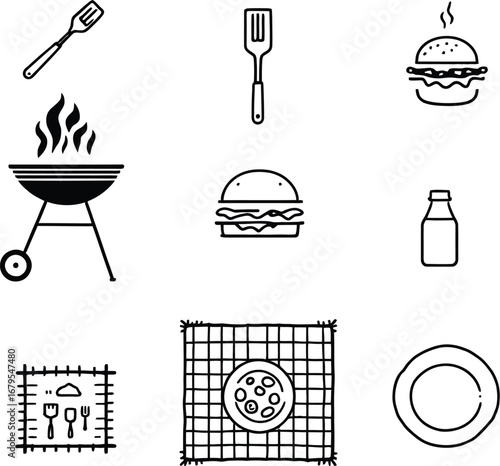 A line art illustration of barbecue grill food and picnic items on a white background design element