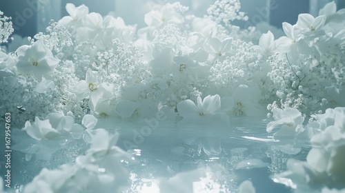Serene White Floral Arrangement with Reflection on Water Surface