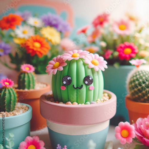 Cute smiling cactus with flowers in a colorful pot surrounded by blooming plants illustration on transparent background for kids graphics, cheerful decor, and playful design projects