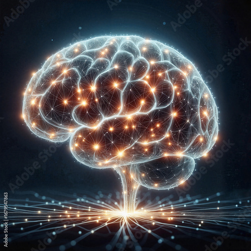 Futuristic digital brain with glowing connections and lights on dark background for artificial intelligence, neural networks, and technology design
