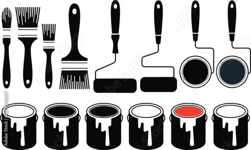 Painting Supplies and Equipment Silhouettes for Home Decorating Vector Graphic