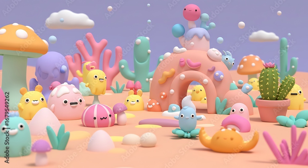Obraz premium Whimsical 3D Cartoon Characters in a Pastel Fantasy Landscape