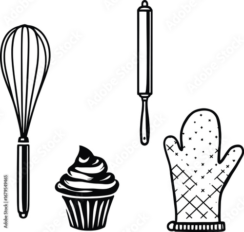 Illustration of baking tools including a whisk cupcake rolling pin and oven mitt in black and white
