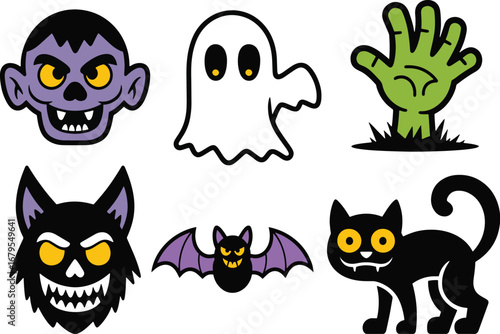 Halloween Vector Set of Ghost, Zombie, Werewolf, and Black Cat