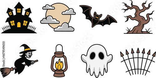Halloween Cartoon Vector Set of Haunted House, Full Moon, Witch, Bat, Ghost Face, Lantern, and Creepy Tree
