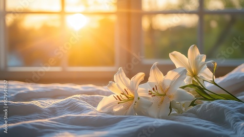 Soft Morning Light with White Lilies on a Cozy Bedspread